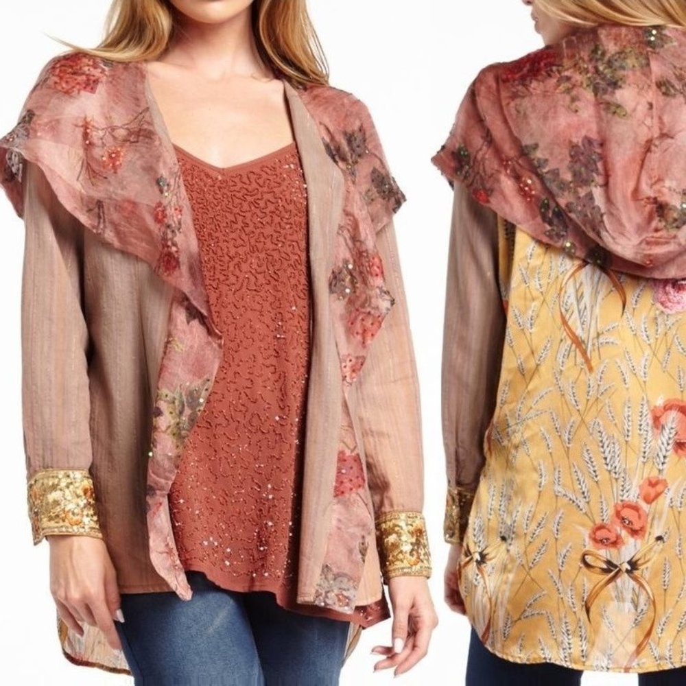 Aratta Looks Authentic Hoody Kimono NWT • Small • Boho Floral Gold Sequins